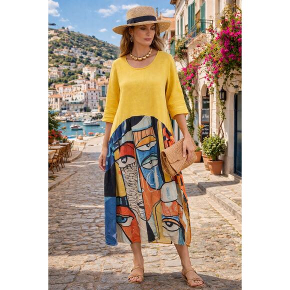 MADE IN ITALY Dresses & Skirts - Made in Italy 100% Linen Maxi Dress Art to Wear Artsy Eclectic Aunt Lagenlook L